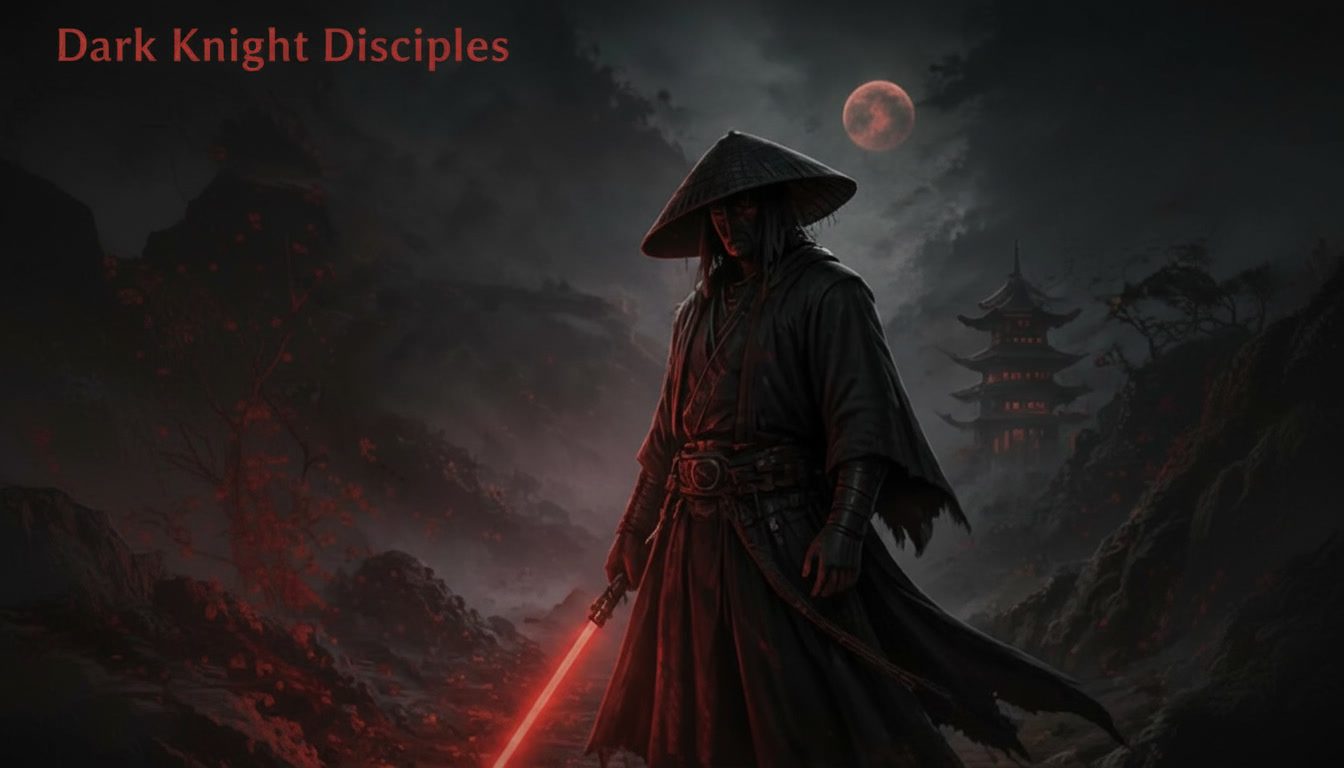 Dark Knight Disciples: a robed warrior in a straw hat holding a red lightsaber beneath a blood-red moon, with a pagoda in the distance